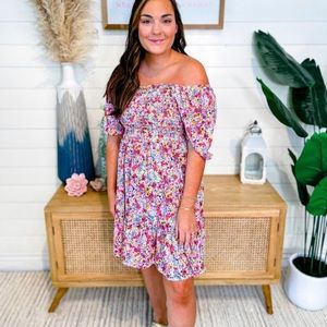 Smocked Floral Dress with Balloon Sleeves